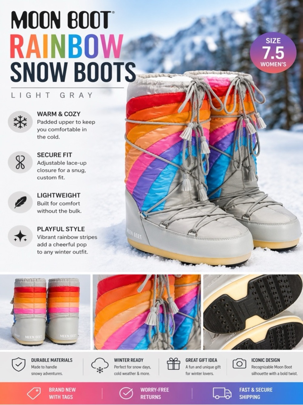 MOON BOOT Light Gray Rainbow Stripe Snow Boots NWT Women’s 7.5 Winter Boots